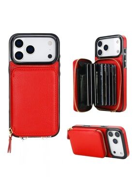 Bocasal 17 Pro Max ❤️ Red Wallet iPhone Case Wrist Strap RFID Blocking